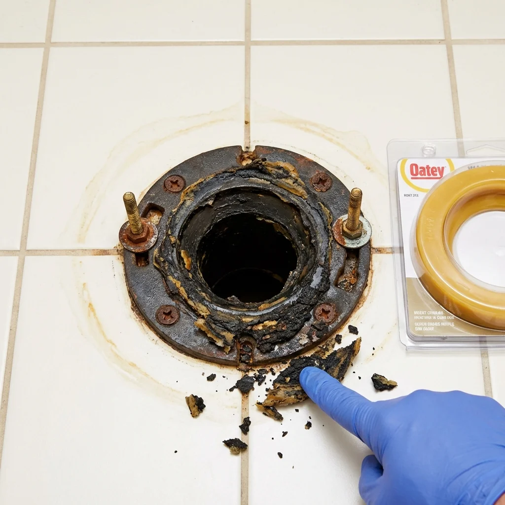 Failed wax ring showing water seepage at the base of a toilet in a Alexandria, KY home