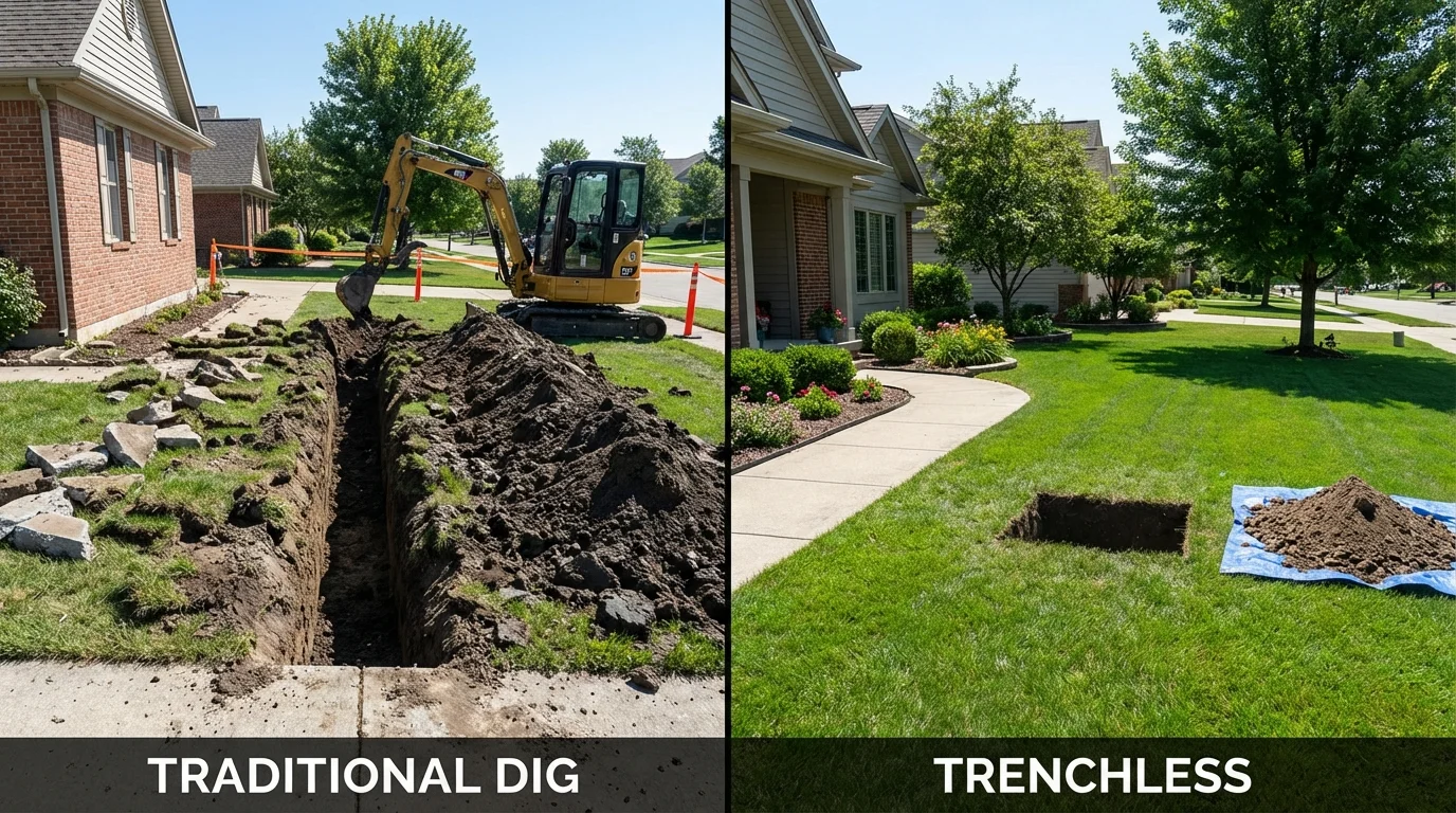Trenchless sewer repair with minimal yard damage versus traditional excavation in Alexandria, KY