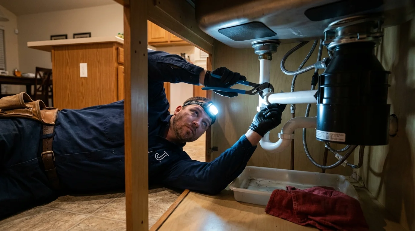 P-trap and supply line connections under a kitchen sink showing a common leak point in Alexandria, KY